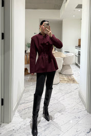 Bordo Belden Oturmalı Kaşe Özel Üretim Ceket SY-3416-Bordo