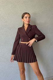 Acı Kahve Crop Ceket ve Piliseli Şort Etek Takım SY-0934-Acı Kahve