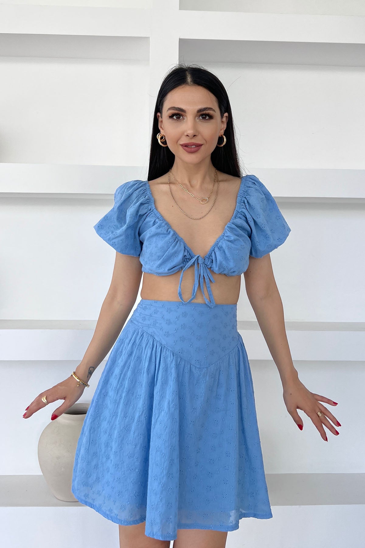 Mavi Fisto Bağlamalı  Büstiyer Etek Takım SY-0594-Mavi