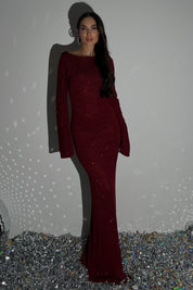 Bordo Simli Sırt Detaylı Kalem Elbise SY-2807-Bordo