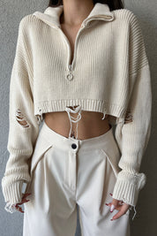 Ekru Yarım Fermuarlı Crop Triko Kazak SY-1547-Ekru