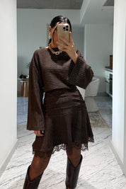 Brown Beli Büzgüli Dantel Detaylı Midi Elbise SY-3499-Kahverengi