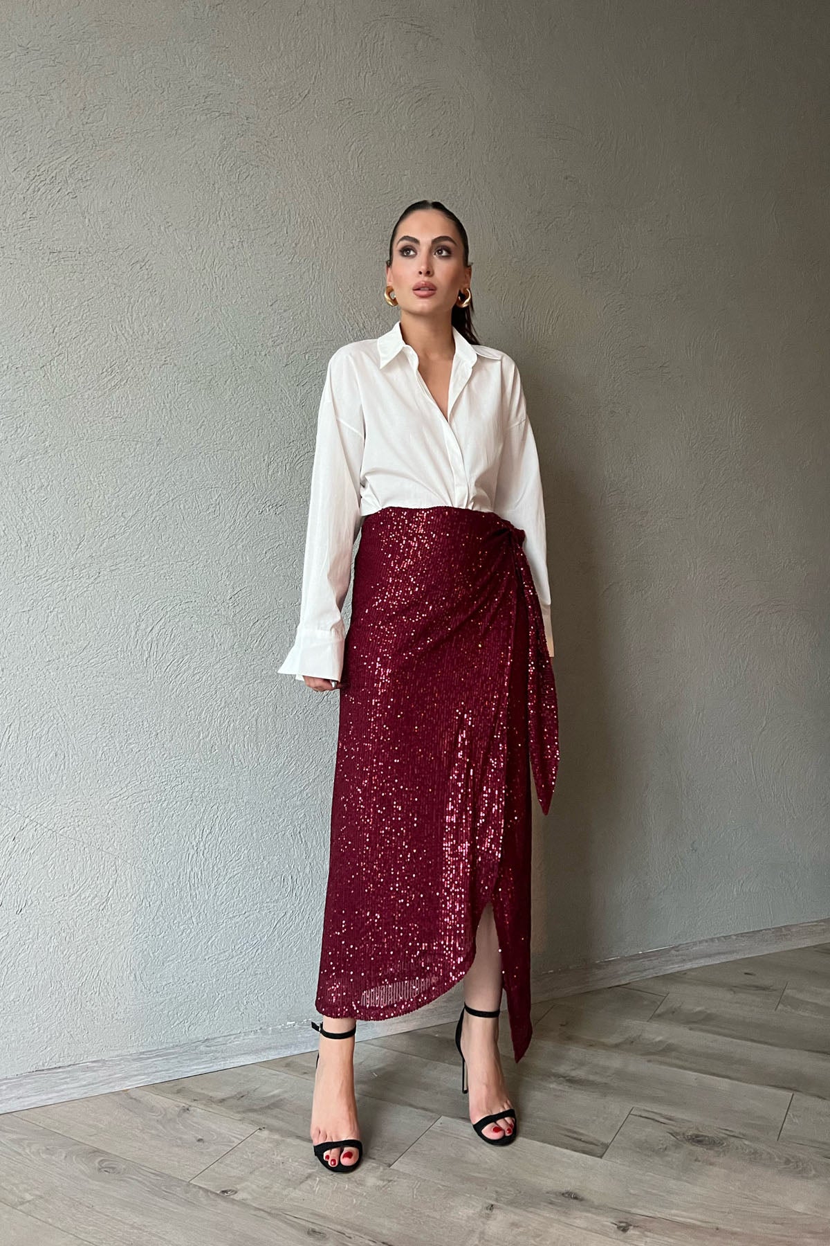 Bordo Pullu Bağlama Detaylı Etek SY-1393-Bordo