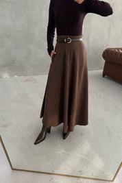 Kahverengi Ekoseli Cepli Midi Etek SY-3467-Kahve
