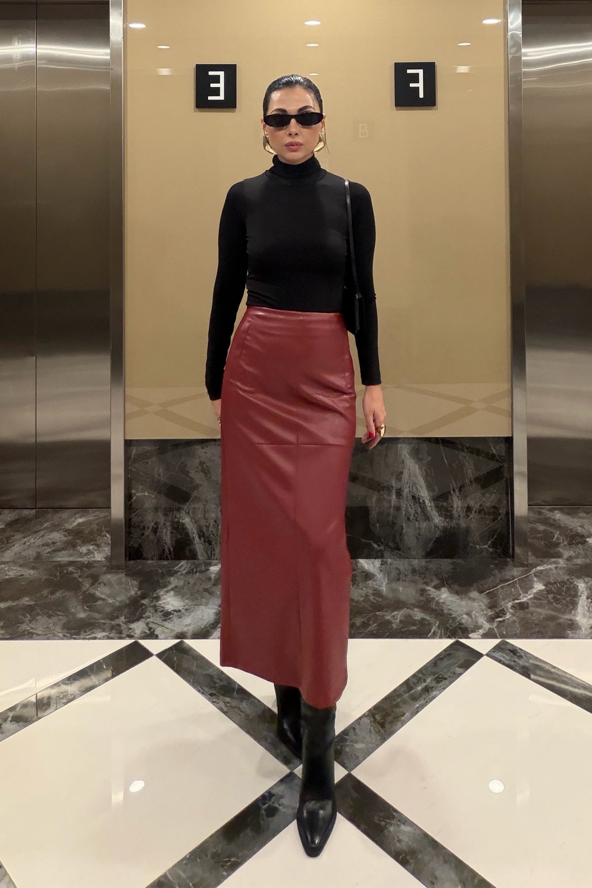 Deri Bordo Kalem Midi Etek SY-3893-Bordo