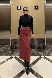 Deri Bordo Kalem Midi Etek SY-3893-Bordo