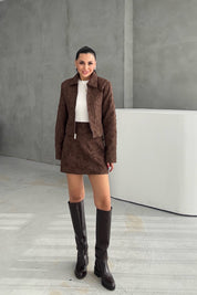 Kahve Jakarlı Etek Ve Ceket Takım SY-3456-Kahve