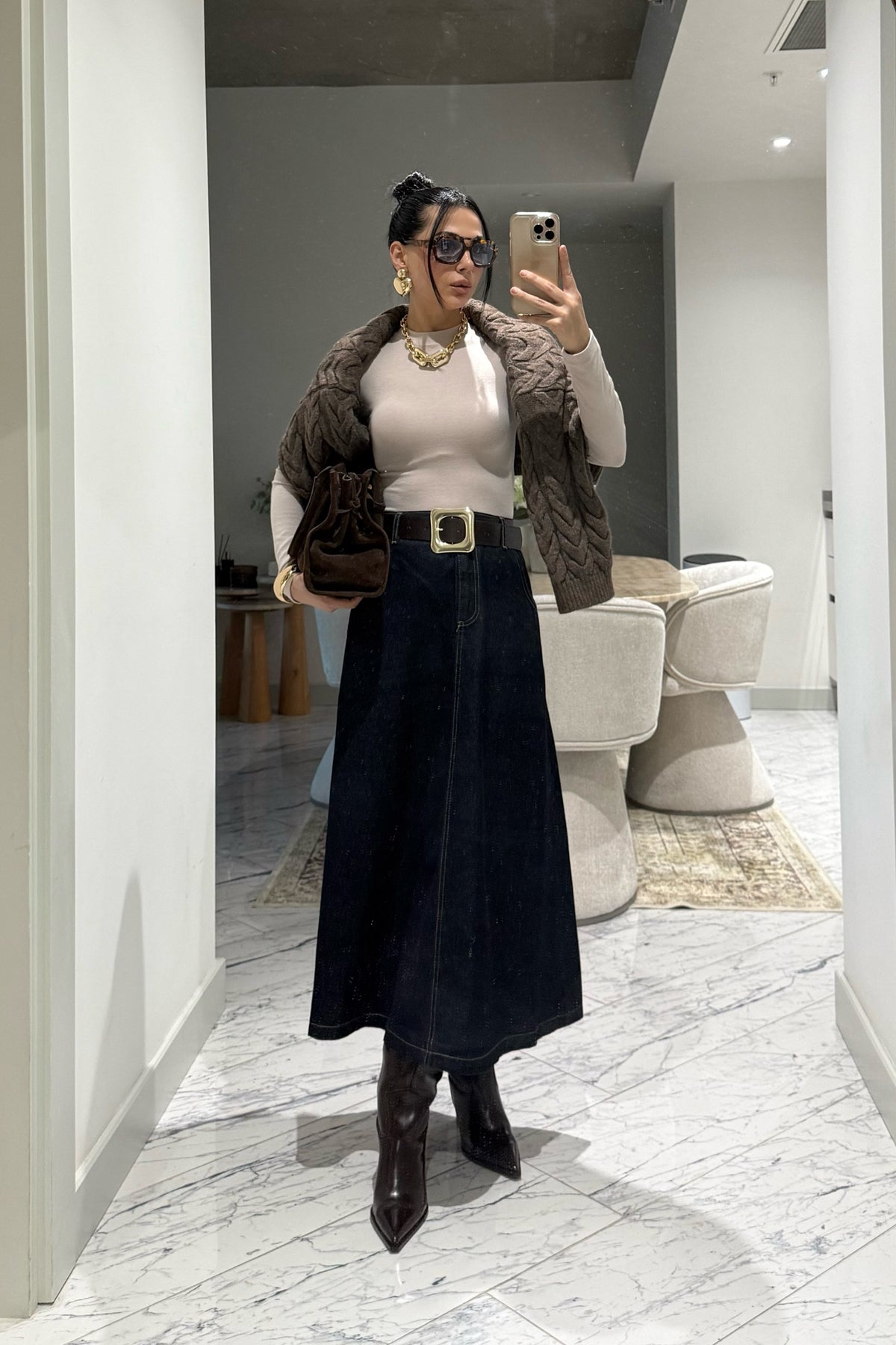 Lacivert A Kesim Kemerli Midi Kot Etek SY-3491-Lacivert