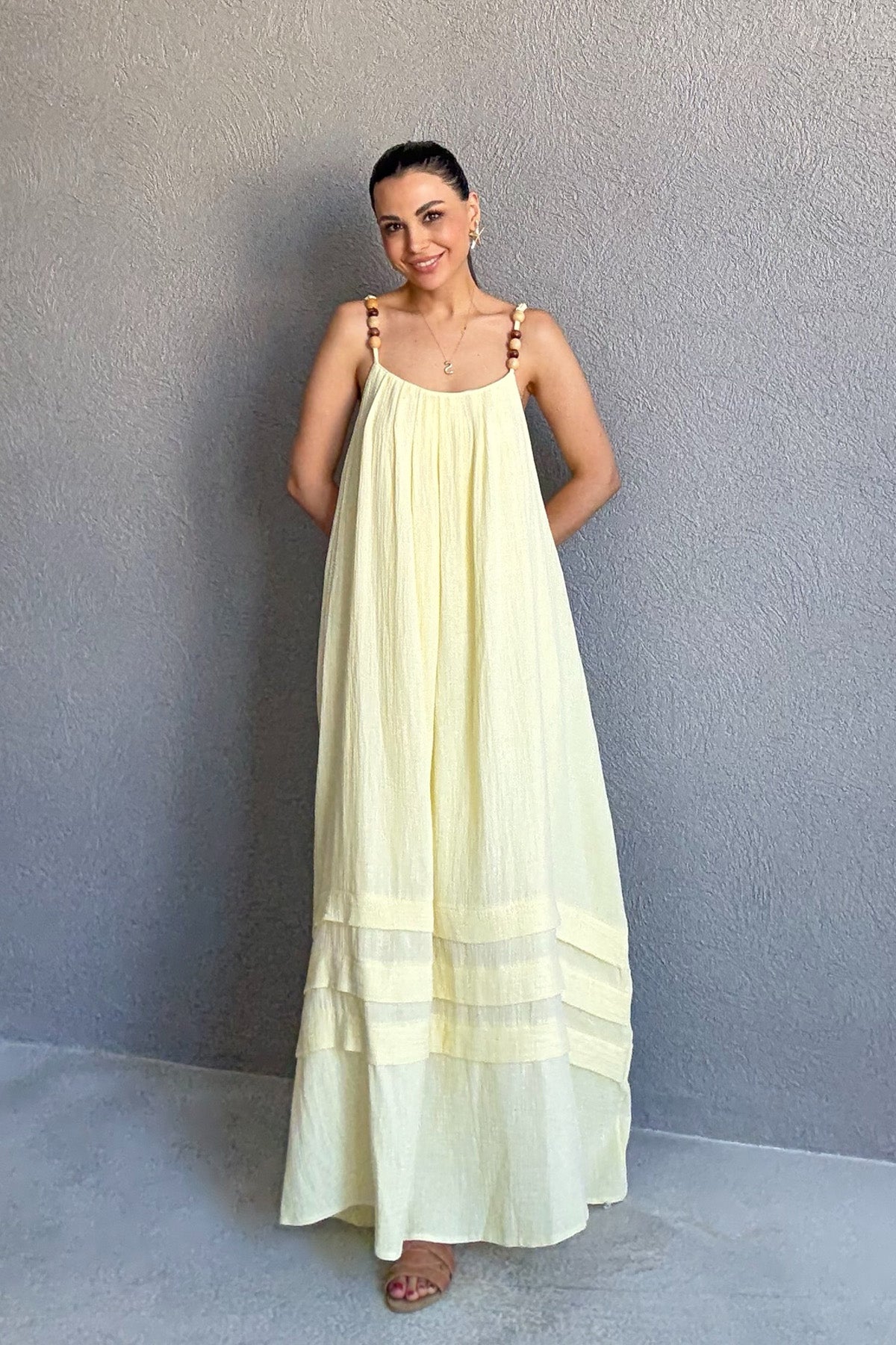 Sarı Boncuk Askı Detaylı Rahat Keten Elbise SY-3148-Sarı