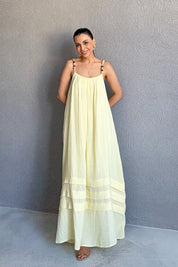 Sarı Boncuk Askı Detaylı Rahat Keten Elbise SY-3148-Sarı