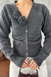 Gri Gül Aparatlı Triko Hırka SY-2924-Gri