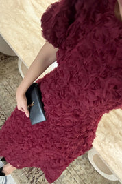 Gül Detaylı Bordo Rosella Özel Tasarım Elbise SY-3519-Bordo