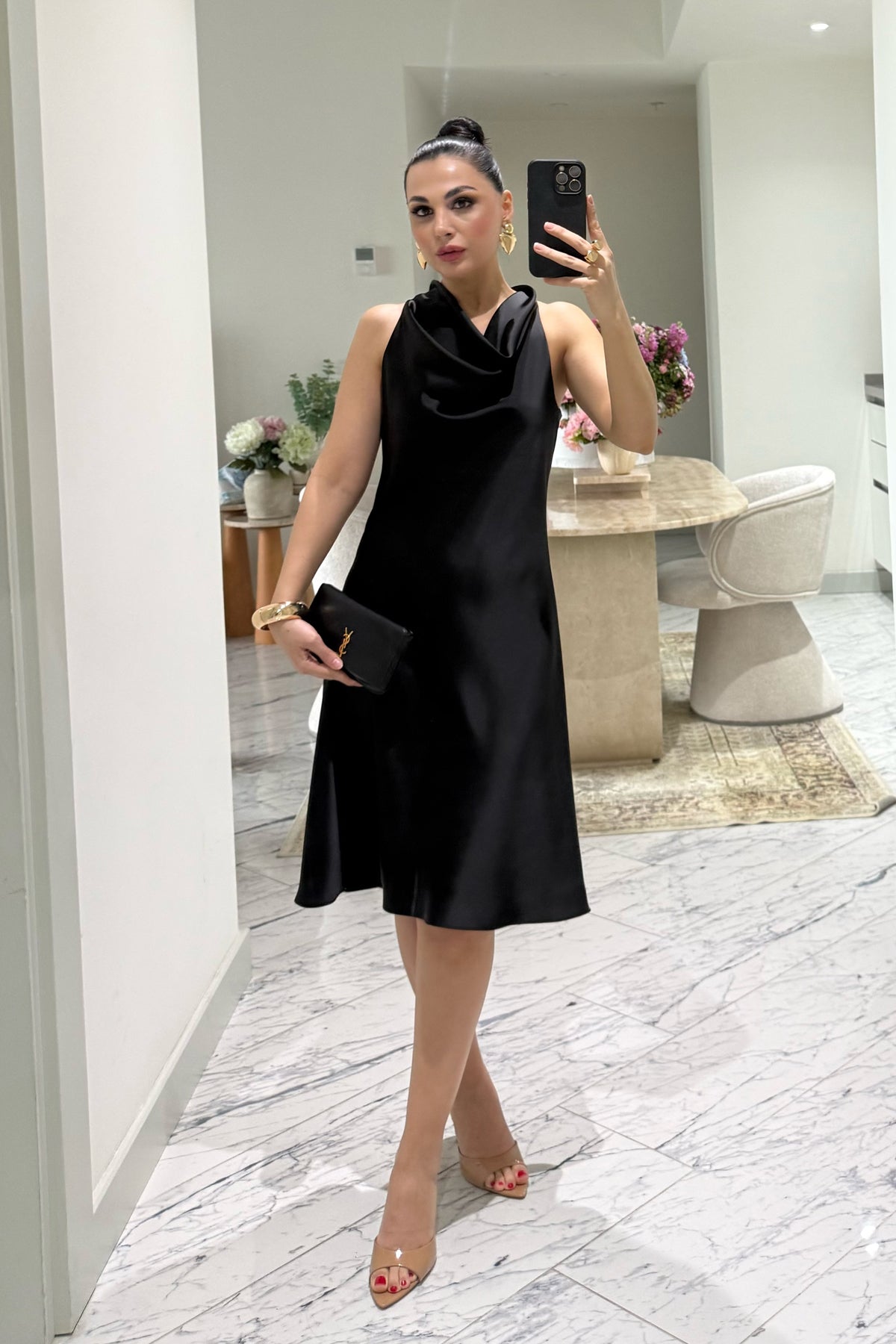 Siyah Degaje Yaka Saten Elbise SY-3683-Siyah