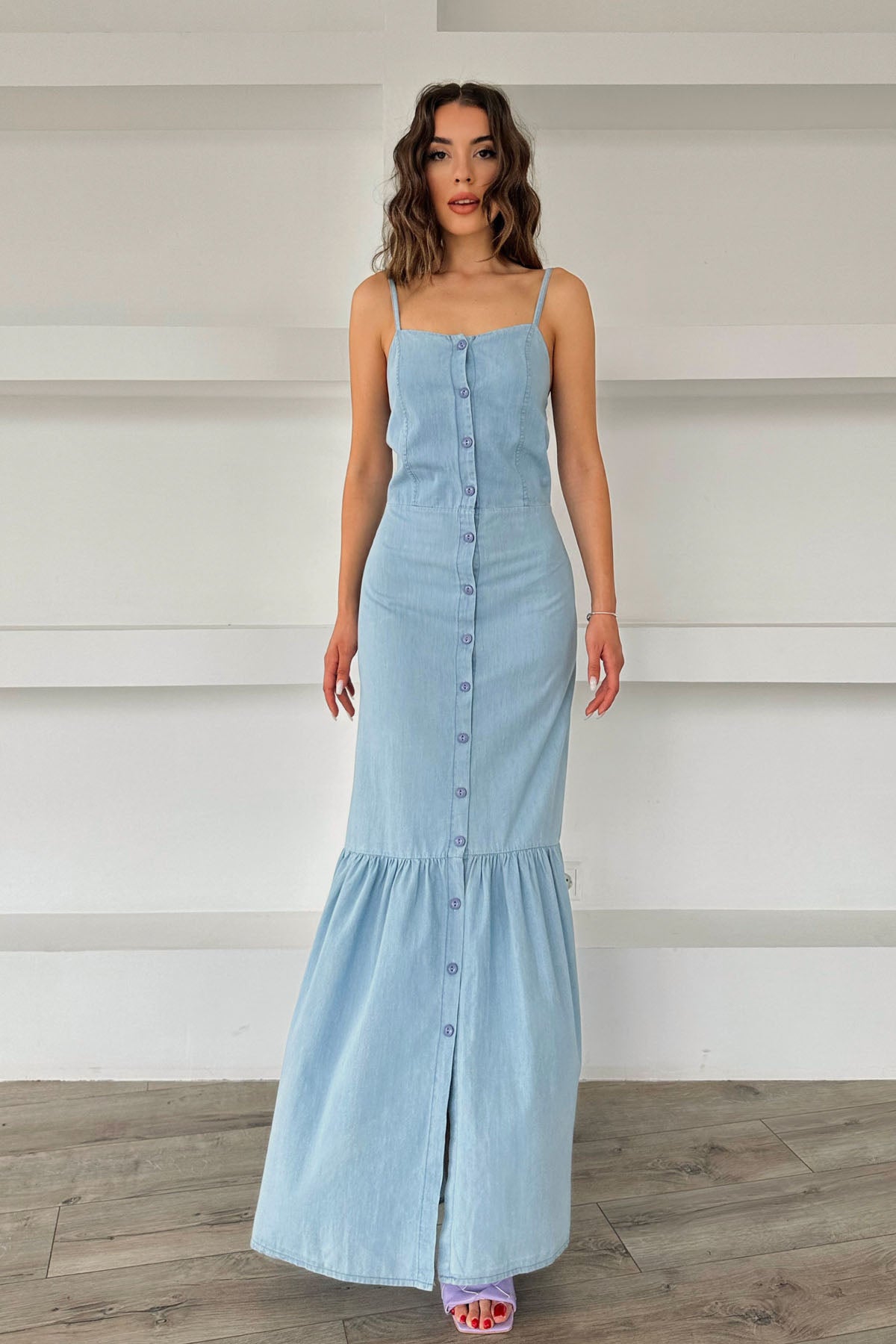 Seda Yalçın Atelier Naturel Askılı Triko Detay Keten Elbise SY-0392-Mavi