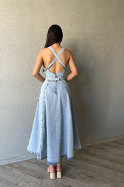 Açık Mavi Tasarım Bağlama Detay Denim Uzun Elbise SY-0836-Açık Mavi