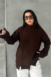 Acı Kahve Yırtık Detaylı Boğazlı Triko Kazak SY-2840-Acı Kahve