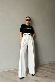 Beyaz Kemer Detaylı Yüksek Bel Geniş Paça Pantolon SY-1681-Beyaz