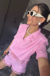 Pembe Keten Dantel Detaylı Şort-Ceket Takım SY-3736-Pembe