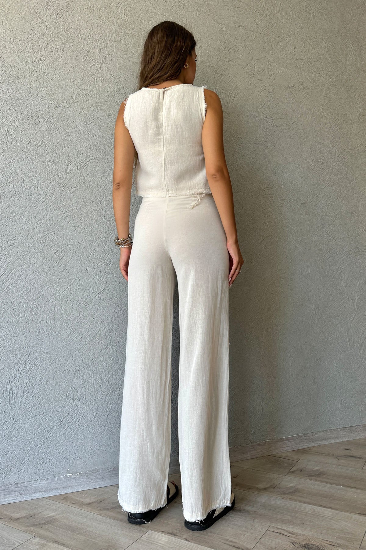 Naturel Keten Dokulu Bluz Pantolon Takım SY-0883- Naturel