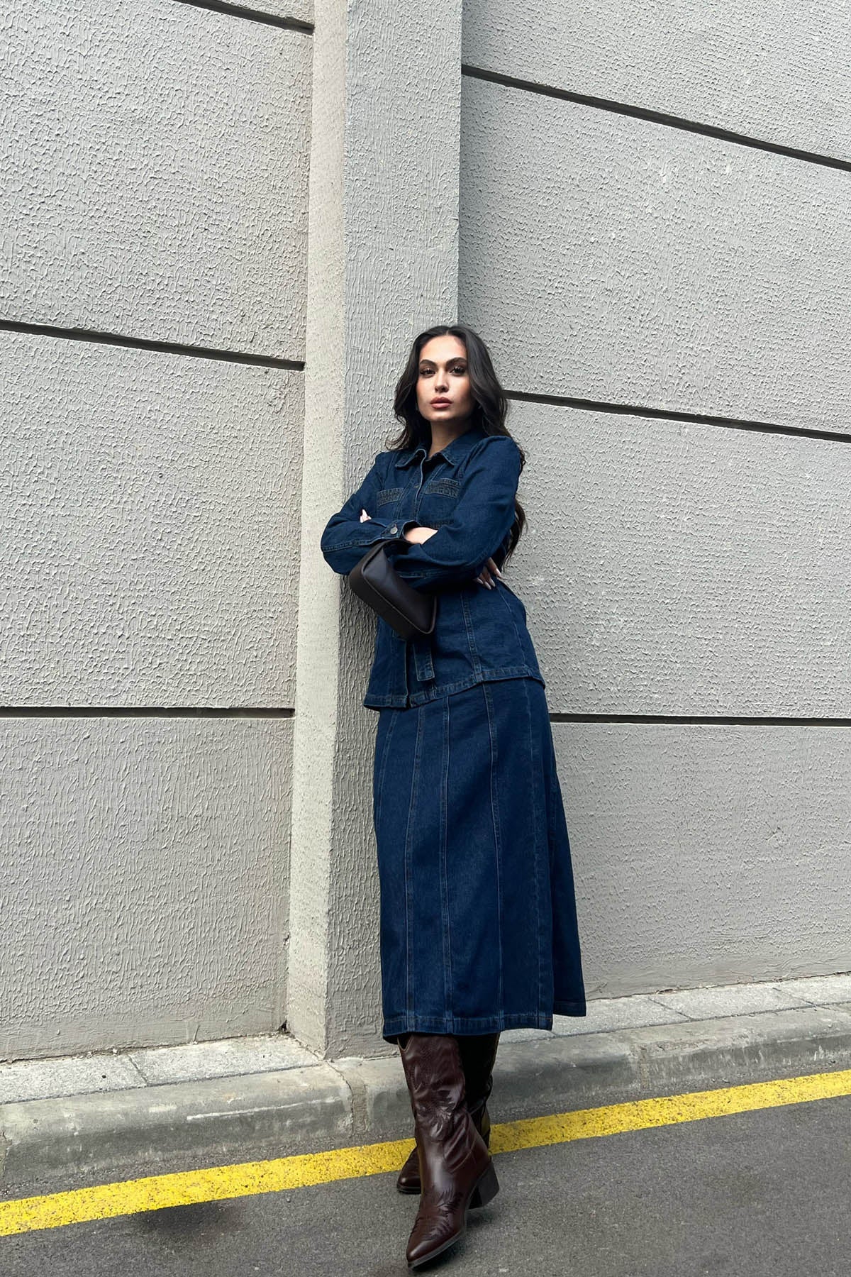 Koyu Lacivert Kemer Detaylı Etek Ceket Denim Takım SY-1574-Koyu Lacivert