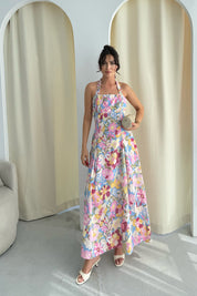 Çok Renkli Çiçek Desenli Midi Boy Keten Elbise SY-3267-Renkli