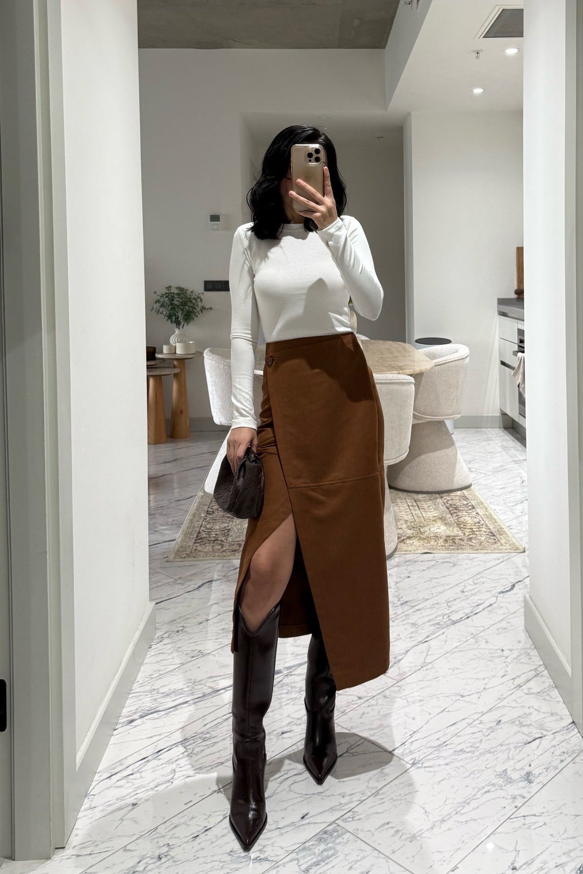 Süet Anvelop Taba Midi Etek SY-3473-Taba