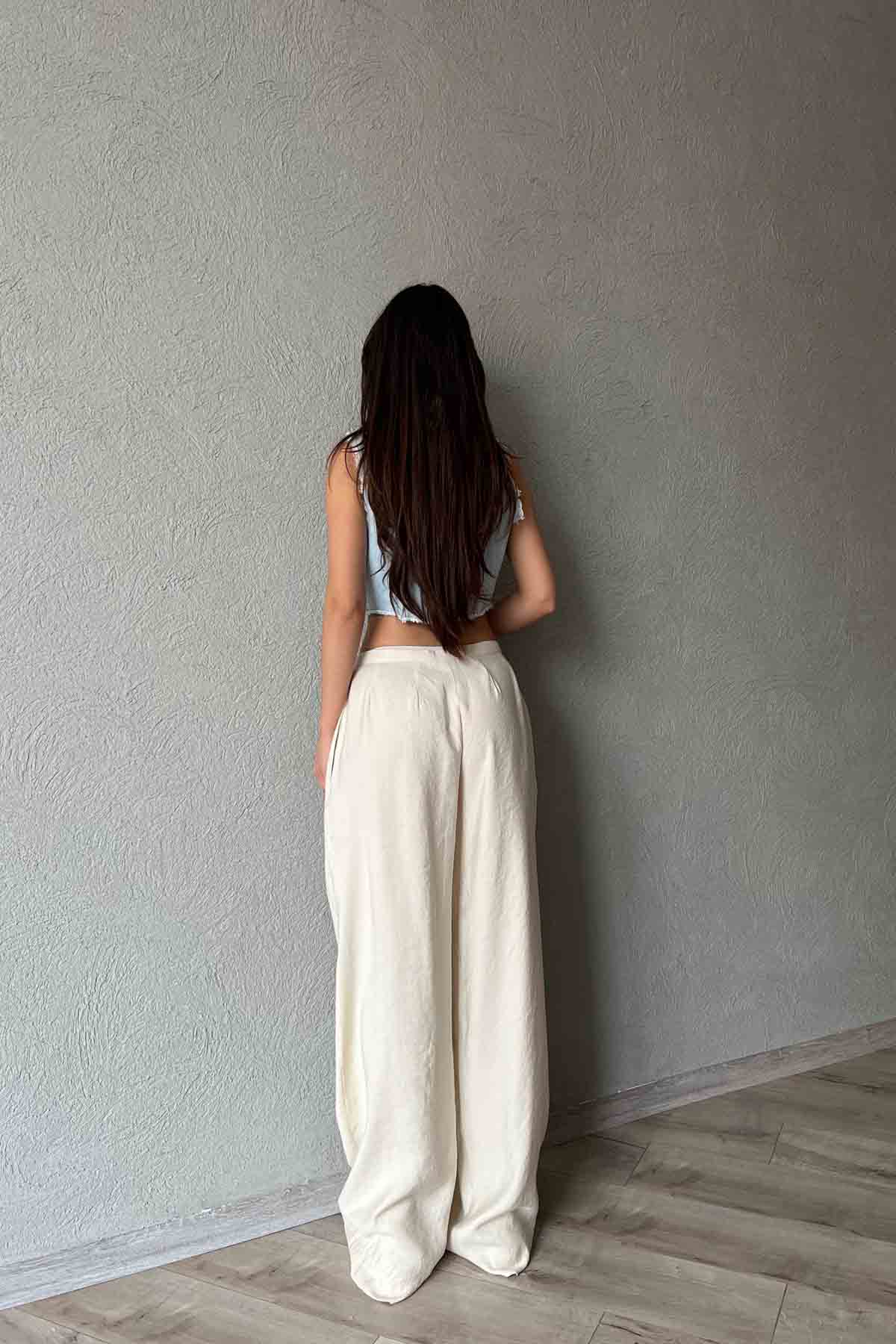 Bej Pile Detaylı Organic Palazzo Pantolon SY-2011-Bej