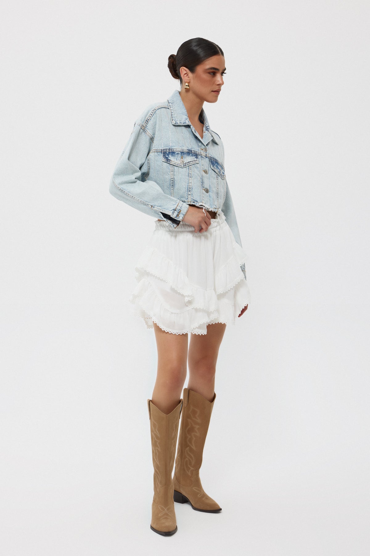 Açık Mavi Taşlı Crop Denim Ceket SY-2447-Açık Mavi