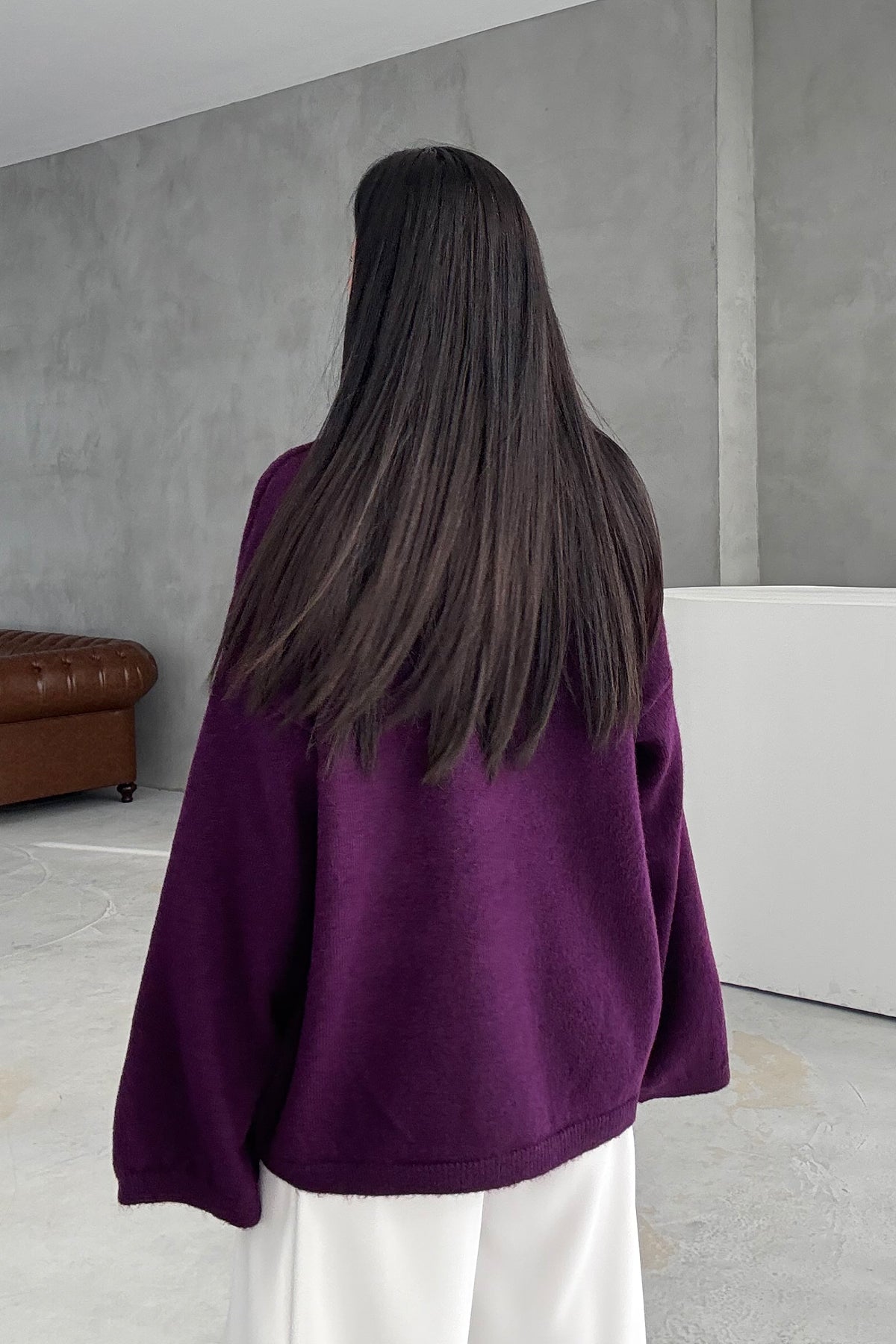 Mor Bisiklet Yaka Oversize Pinterest Triko Kazak SY-3343-Mor