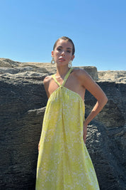 Sarı Çapraz Yaka Salaş Midi Elbise SY-0782-Sarı