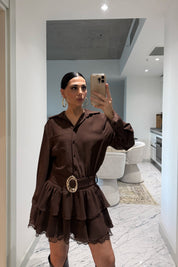 Dantel Detaylı Kemerli Kahve Mini Elbise SY-3490-Kahverengi