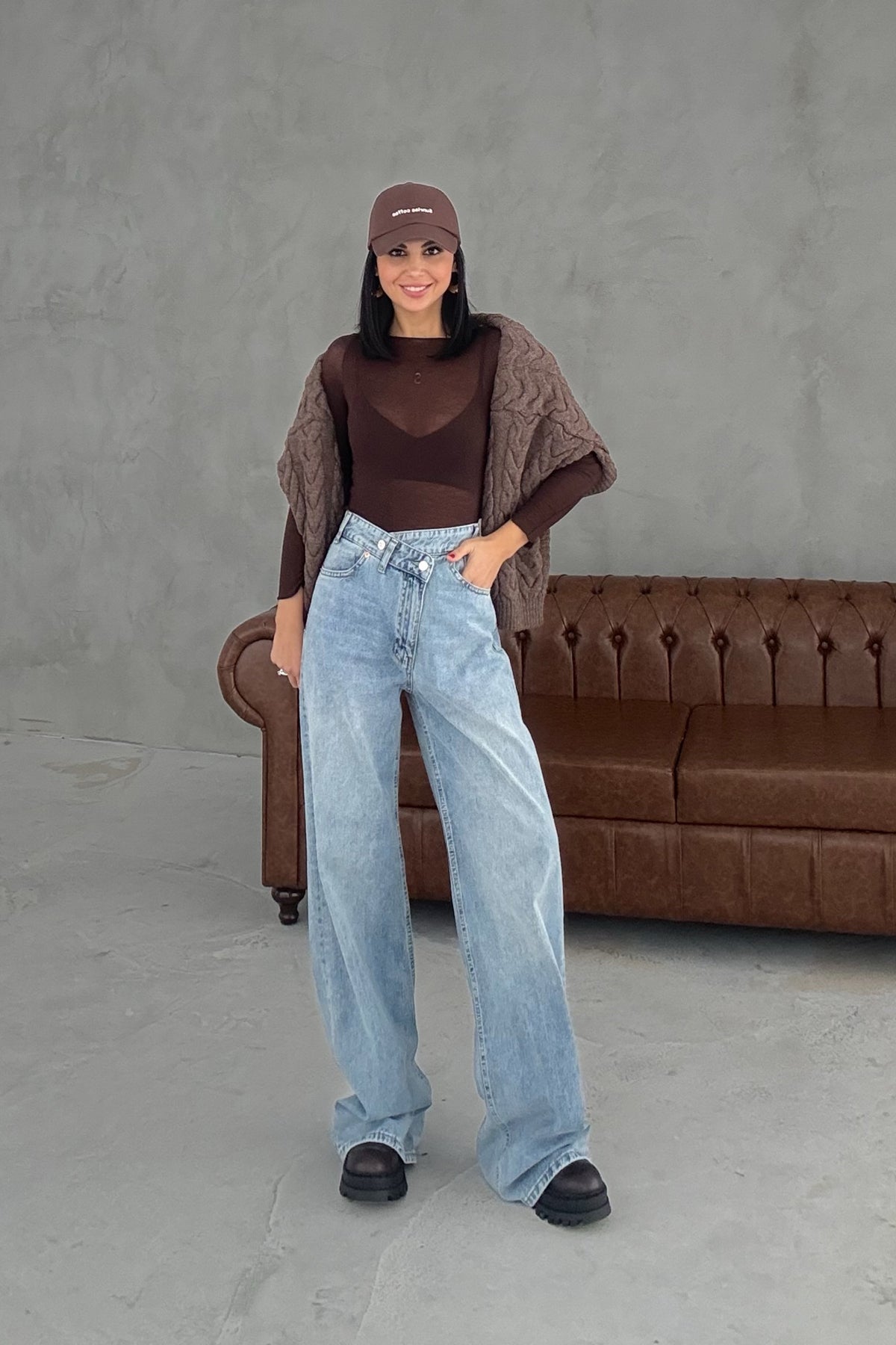 Açık Mavi Asimetrik Düğmeli Kot Baggy Pantolon SY-3463-Açık Mavi