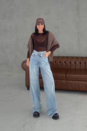 Açık Mavi Asimetrik Düğmeli Kot Baggy Pantolon SY-3463-Açık Mavi