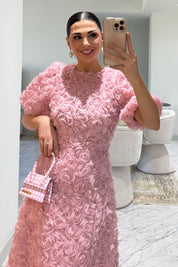 Gül Detaylı Pudra Rosella Özel Tasarım Elbise SY-3519-Pudra