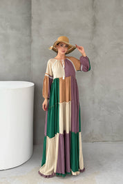 Blok Renkli Garnili Gofre Elbise SY-3044-Blok