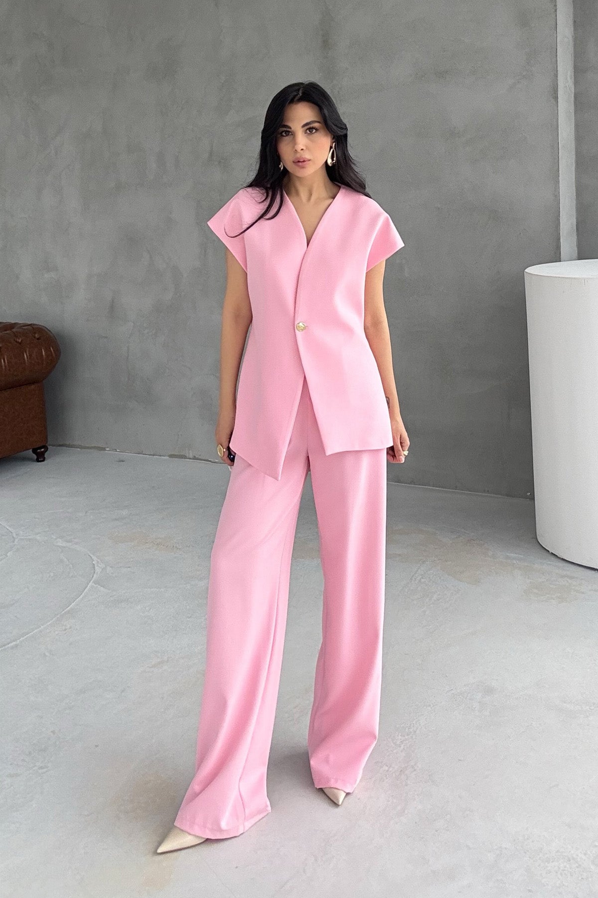 Pembe Gold Düğme Detaylı Asimetrik Kesim Yelek Pantolon Takım SY-3004-Pembe
