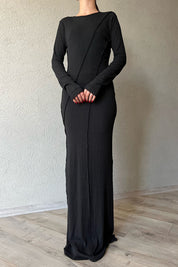 Siyah Dikiş Detaylı Sırt Dekolteli Astarlı Uzun Elbise SY-1658-Siyah