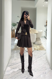 Toka Detaylı Yakalı Elbise Kahve SY-3623-Kahve