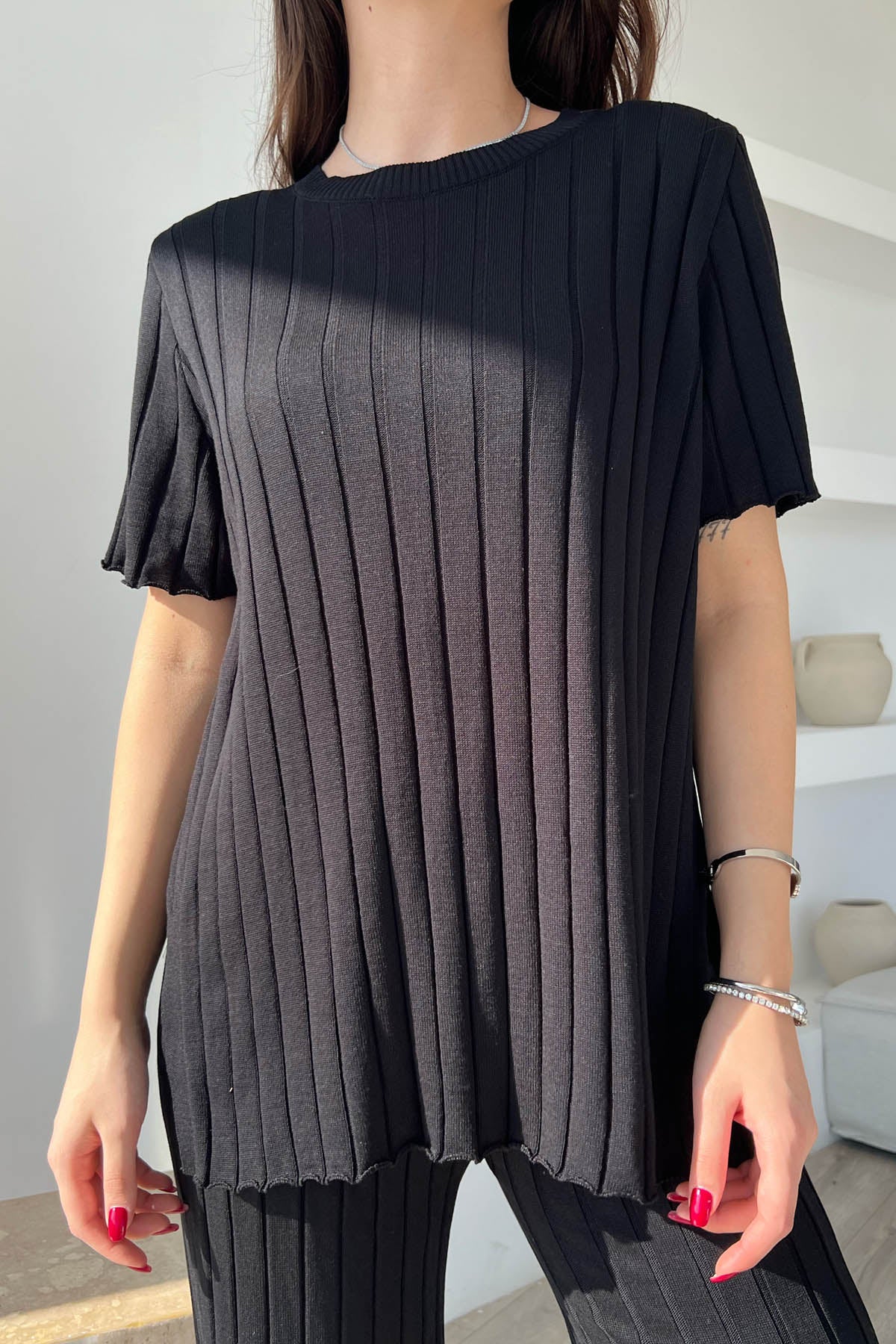 Siyah Fitilli  Kısa Kol ve Pantolon Triko Takım SY-1703-Siyah