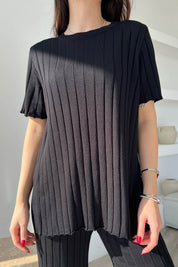 Siyah Fitilli  Kısa Kol ve Pantolon Triko Takım SY-1703-Siyah