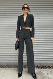 Antrasit Çizgili Tek Düğmeli Crop Ceket Pantolon Takım SY-0051-Antrasit