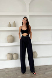 Siyah Kemer Detaylı Yüksek Bel Geniş Paça Pantolon SY-1681-Siyah