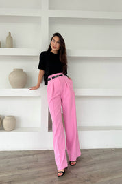 Pembe Kemer Detaylı Yüksek Bel Geniş Paça Pantolon SY-1681-Pembe