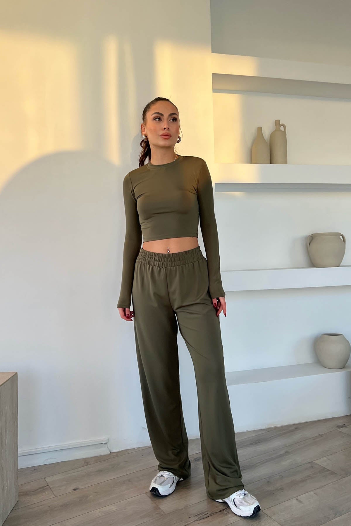 Haki Dalkıç Kumaş Basic Jogger Crop Pantolon Takım SY-1705-Haki