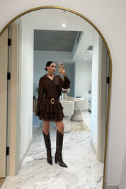 Dantel Detaylı Kemerli Kahve Mini Elbise SY-3490-Kahverengi