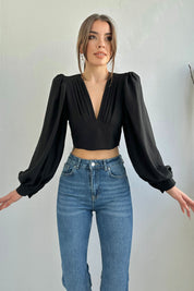 Siyah V Yaka Uzun Balon Kol Crop Bluz SY-0171-Siyah