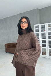 Kahve Saç Örgü Boğazlı Kazak SY-3461-Kahve