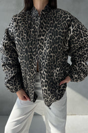 Krem Leopar Desenli Beli Ve Kolu Lastikli Mont SY-2524-Krem