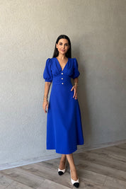 Saks Mavisi İnci Düğme Detay Elbise SY-0351-Saks Mavi