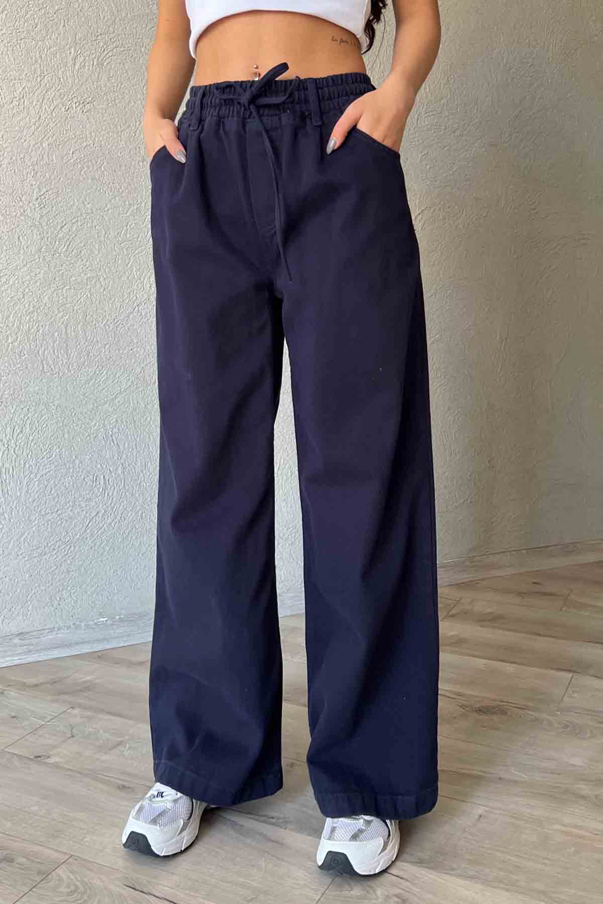 Lacivert Beli Lastik Detaylı Gabardin Bol Paça Pantolon SY-1916-Lacivert